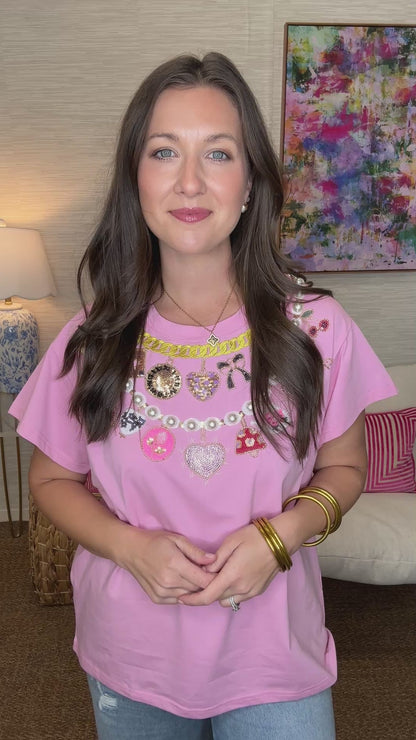 QOS Hot Pink Pearl & Chain VDay Charm Necklace Tee