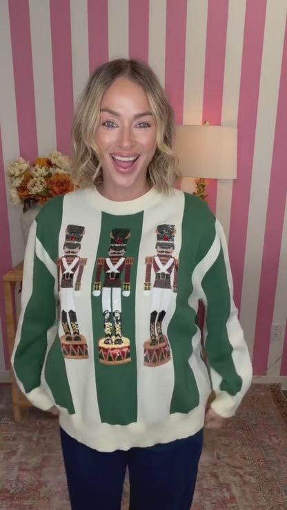 QOS Green & Ivory Striped Nutcracker Sweater