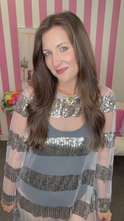 QOS Silver Sequin Striped Sheer Long Sleeve Coverup Dress