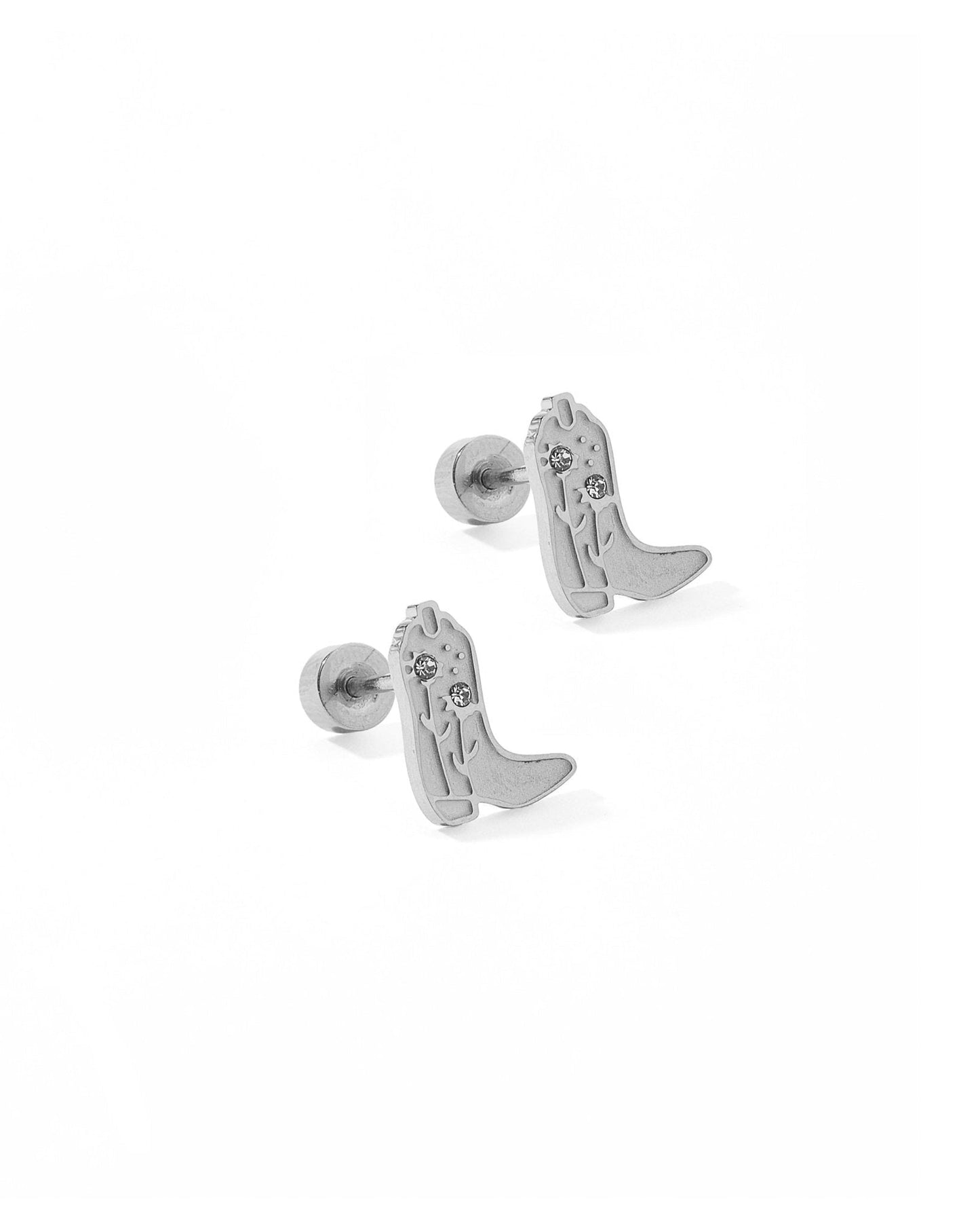 Screwback Stud Earrings - Daisy Cowgirl Boot Silver