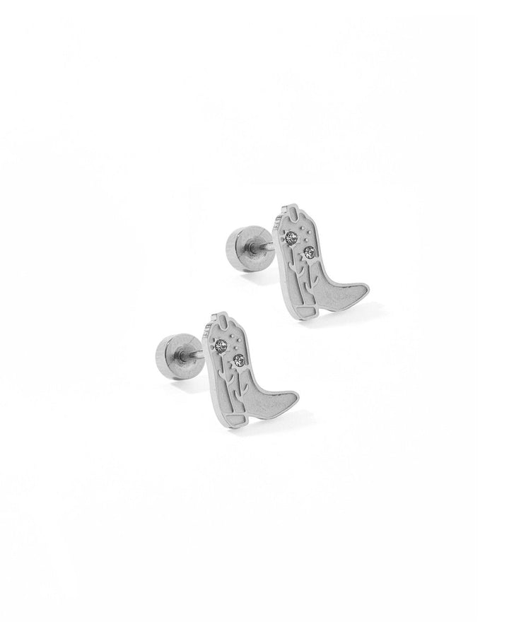 Screwback Stud Earrings - Daisy Cowgirl Boot Silver