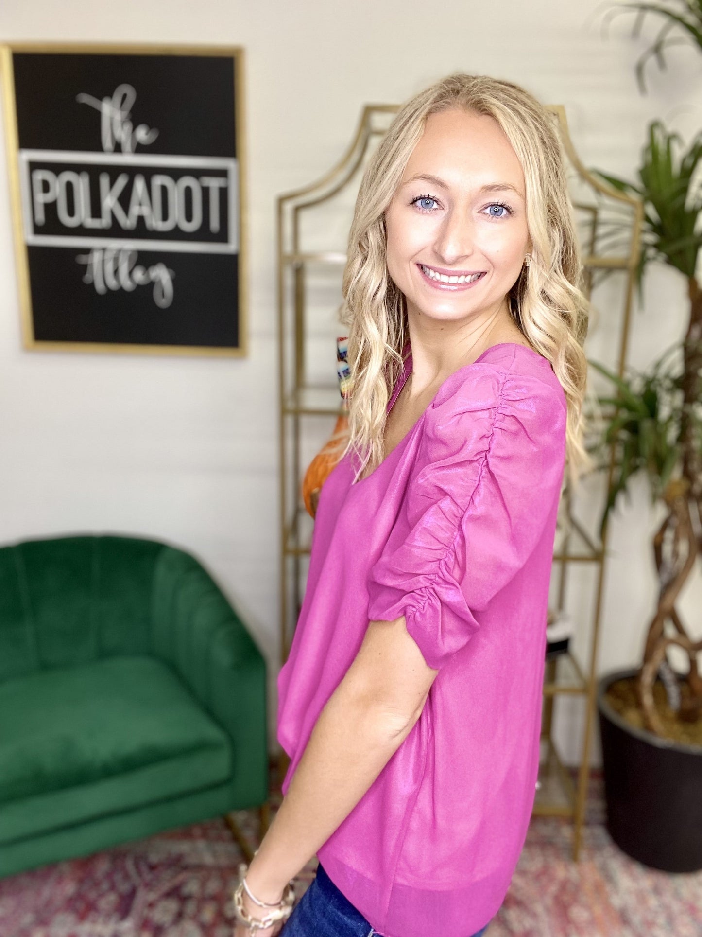 The Magenta Shimmer Ruched Top